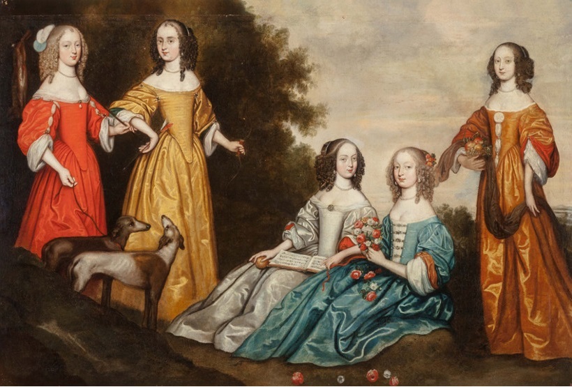 Five Young Ladies with two dogs ca 1660 by British School   ***Portrait for Sale*** ***Make an offer***   Heritage Auctions, June 8th  FIne European Art Auction, Sale 5359, Dallas, TX  Bidding begins May 18th 